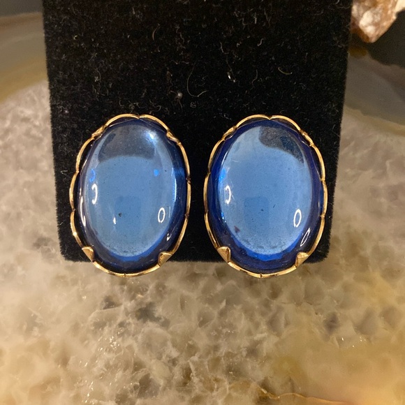 Sold EmJ Emmons vintage blue & gold clip on earrings 1" 1949-55 - Picture 2 of 15